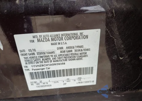 2010 Mazda Mazda6 I Touring z USA, uszkodzony, nr VIN 1YVHZ8CH1A5M39358